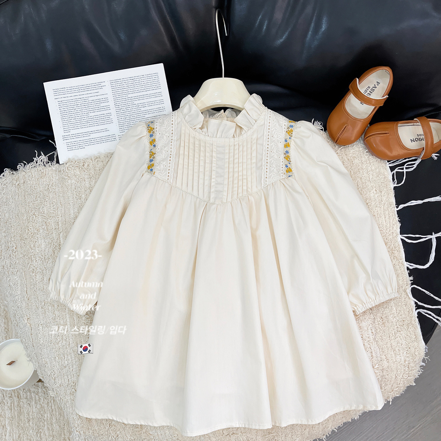 2025 Spring New Korean Style Girls Ribbon Long Sleeve Dress Children's Casual Fairy Fairy Dress 23391