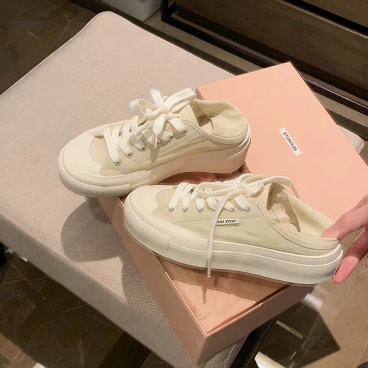 포도 엄마 studiolee 작은 둥근 머리 스테핑 힐 레이스 업 여성을위한 로우 탑 캐주얼 스타일 캔버스 신발 2024 새로운 여름