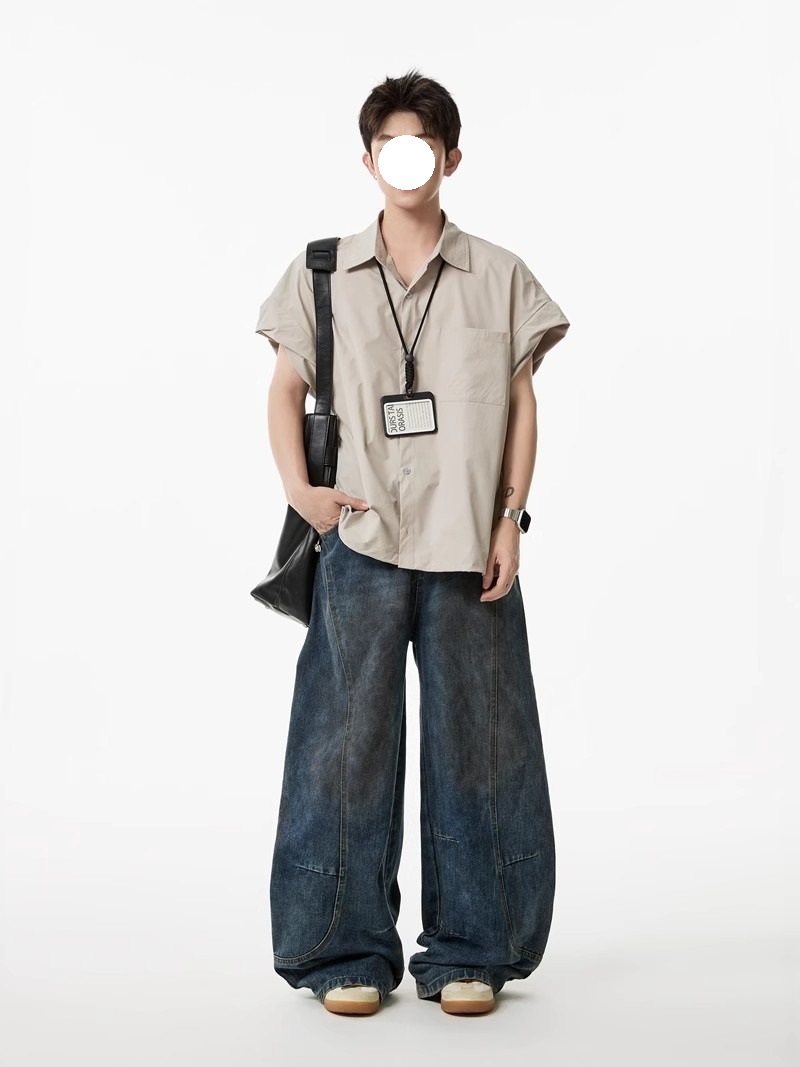 Khaki Tooling Shirt Short-sleeved Men's Summer American Simple Loose Lapel Shirt Drawstring Design Couple Inch Clothes Tide_viptrois.com