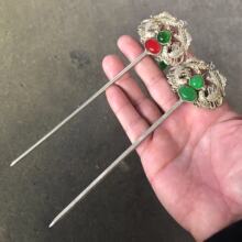 批发古玩杂项 白铜镀银镶嵌宝石簪子银发簪复古银钗簪子