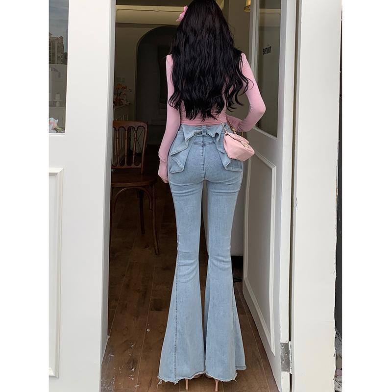 亦菲同款立体蝴蝶结牛仔裤女2025夏款欧若风高腰显瘦翘臀喇叭裤子|undefined