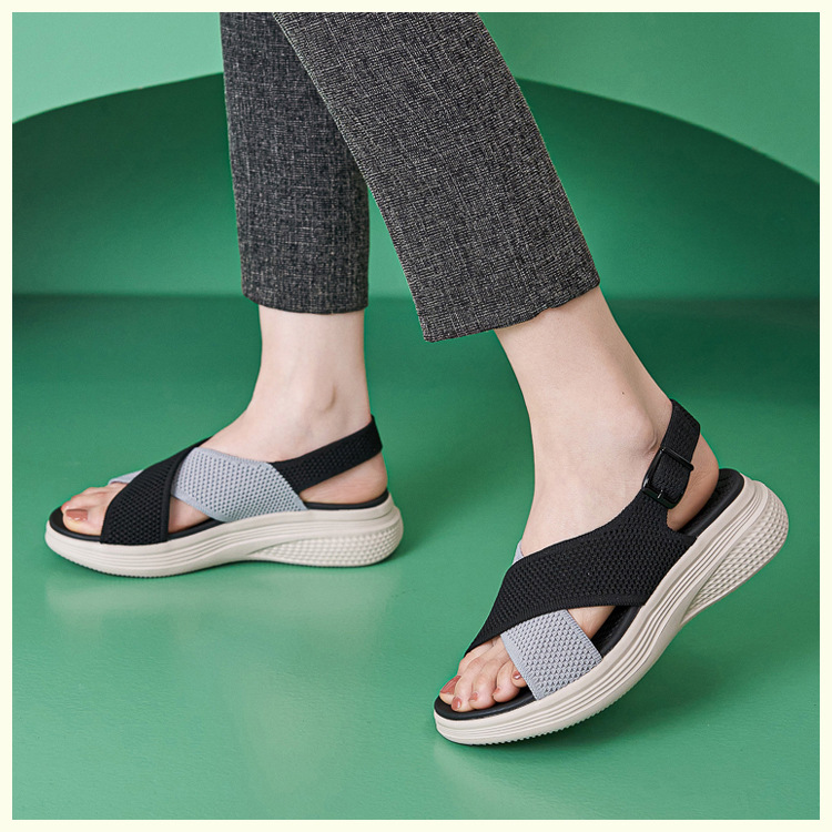 Sandal nữ quai chéo dệt kim phối dây rút, đế MD nhẹ êm — màu be, màu đen, xanh lam, màu hồng chi tiết 4