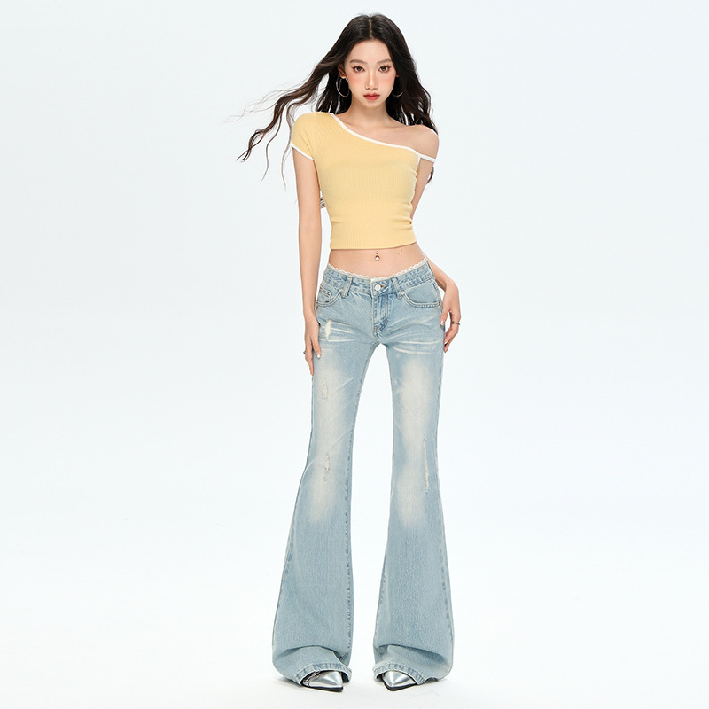 Lace Waist Micro-flared Jeans Women's 2025 Spring New Arrival Ripped Low Waist Slimming Trousers with No Legs Lace Waist Micro-flared Jeans Women's 2025 Spring New Arrival Ripped Low Waist Slimming Trousers with No Legs