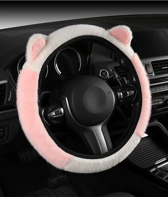 Steering wheel cover, Plush Car Steering Wheel Cover - pink-and-white-ears-universal