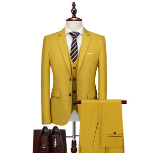 Special Offer New Slim-fit Korean-style Student Leisure Business Groom Best Man Suit Three-piece Grass Yellow 662P180