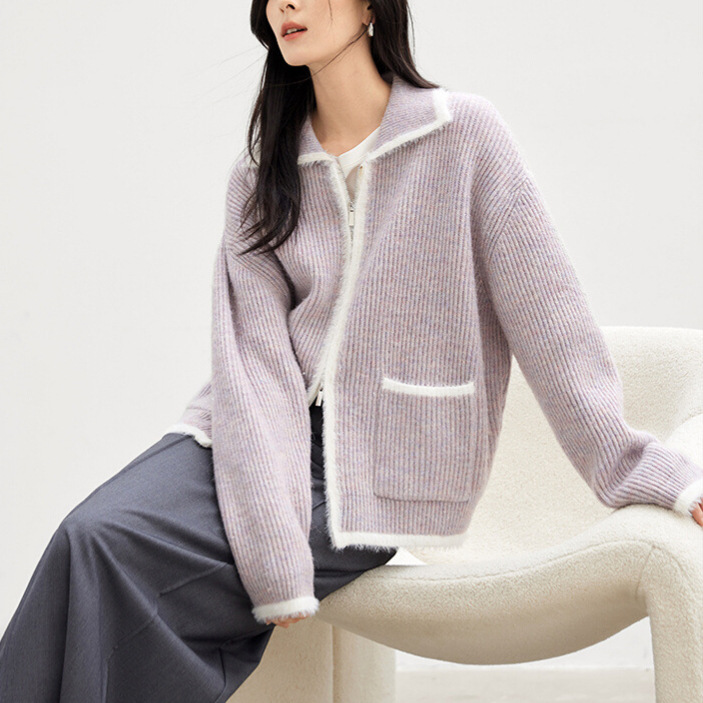 2025秋季新款超好看仿貂毛撞色毛衣外套女慵懒松弛感针织开衫