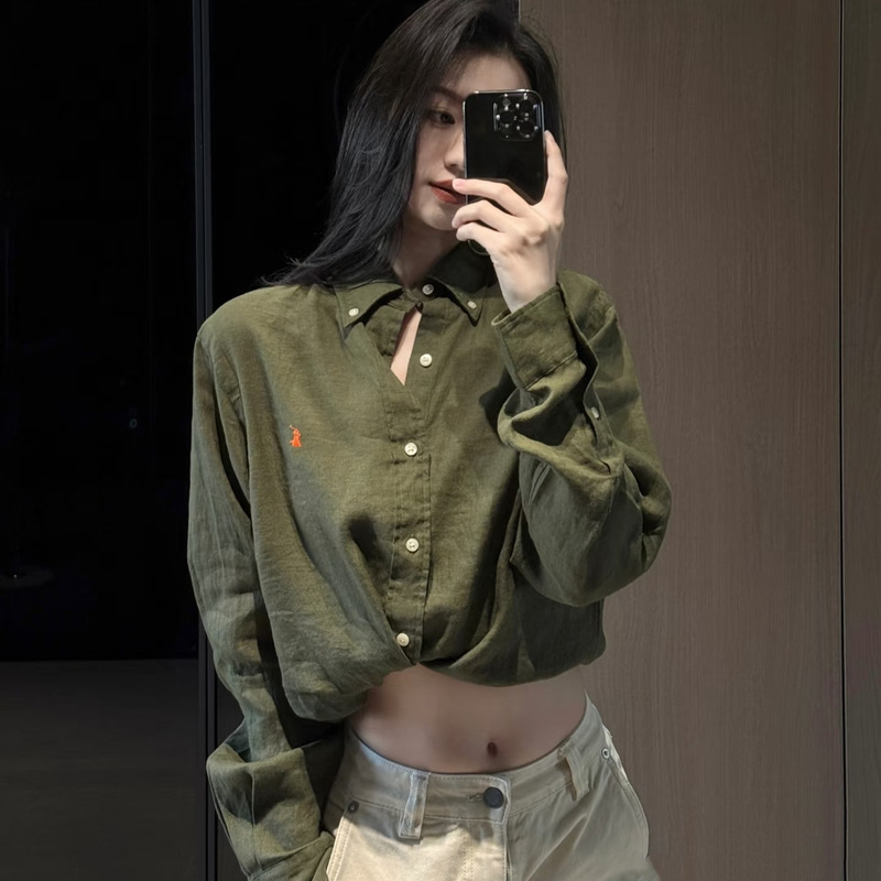 Scanable Qr Code Rl Ralph Lauren Embroidered Linen Shirt, Old Money Style Solid Color Long-Sleeve Shirt, Commuter Elegant Jacket for Women