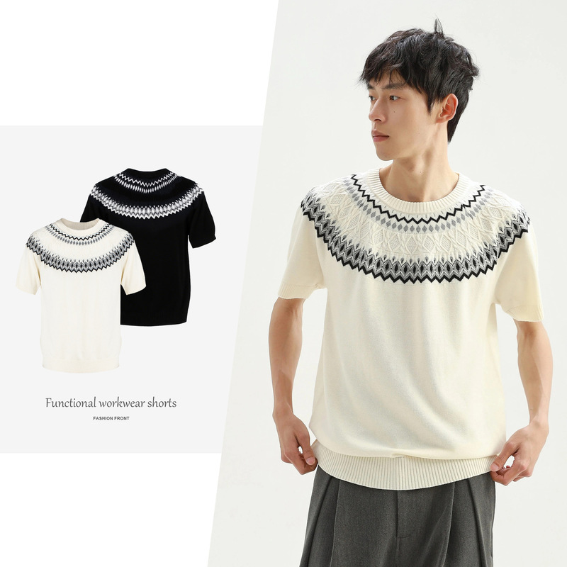 【Csmy】Stay the Night Fair Isle Knitted Wool Blend Cool Silk Round Neck Raglan Short Sleeves