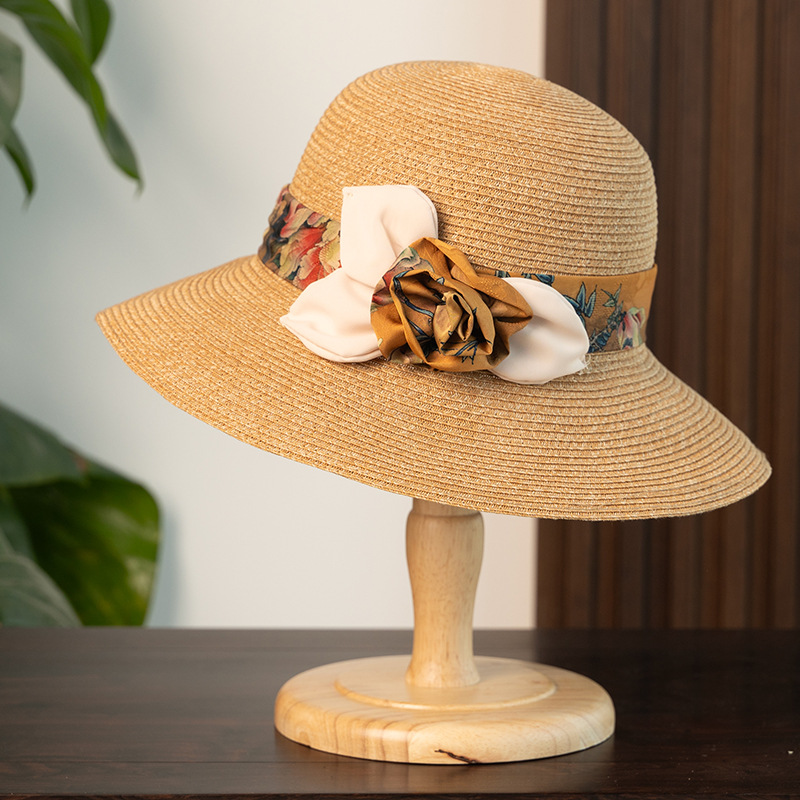 Floral Xiangyunsha Straw Hat For Women - Summer Wide Brim Sun Fisherman Hat, Foldable Beach Outdoor Luxury Style - Thumbnail 7
