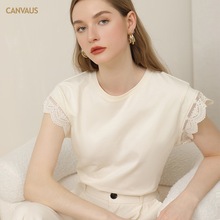 CANVAUS短袖T恤女夏季新款宽松纯棉圆领奶黄色花边袖上衣批发