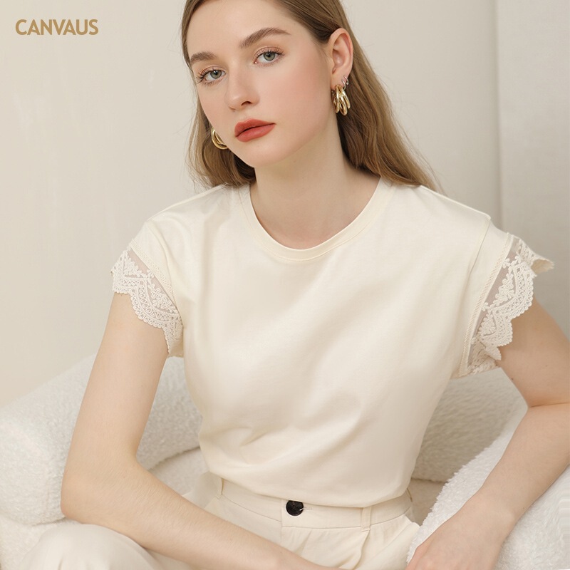 CANVAUS short sleeve T-shirt women's summer new loose cotton round neck milk yellow lace sleeve top wholesale