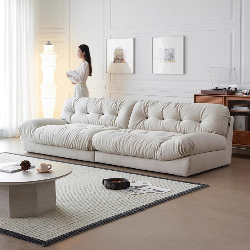 Sofá de nube línea recta crema estilo retrógrado anti-cat tela esmerizada pluma sofá de tres personas