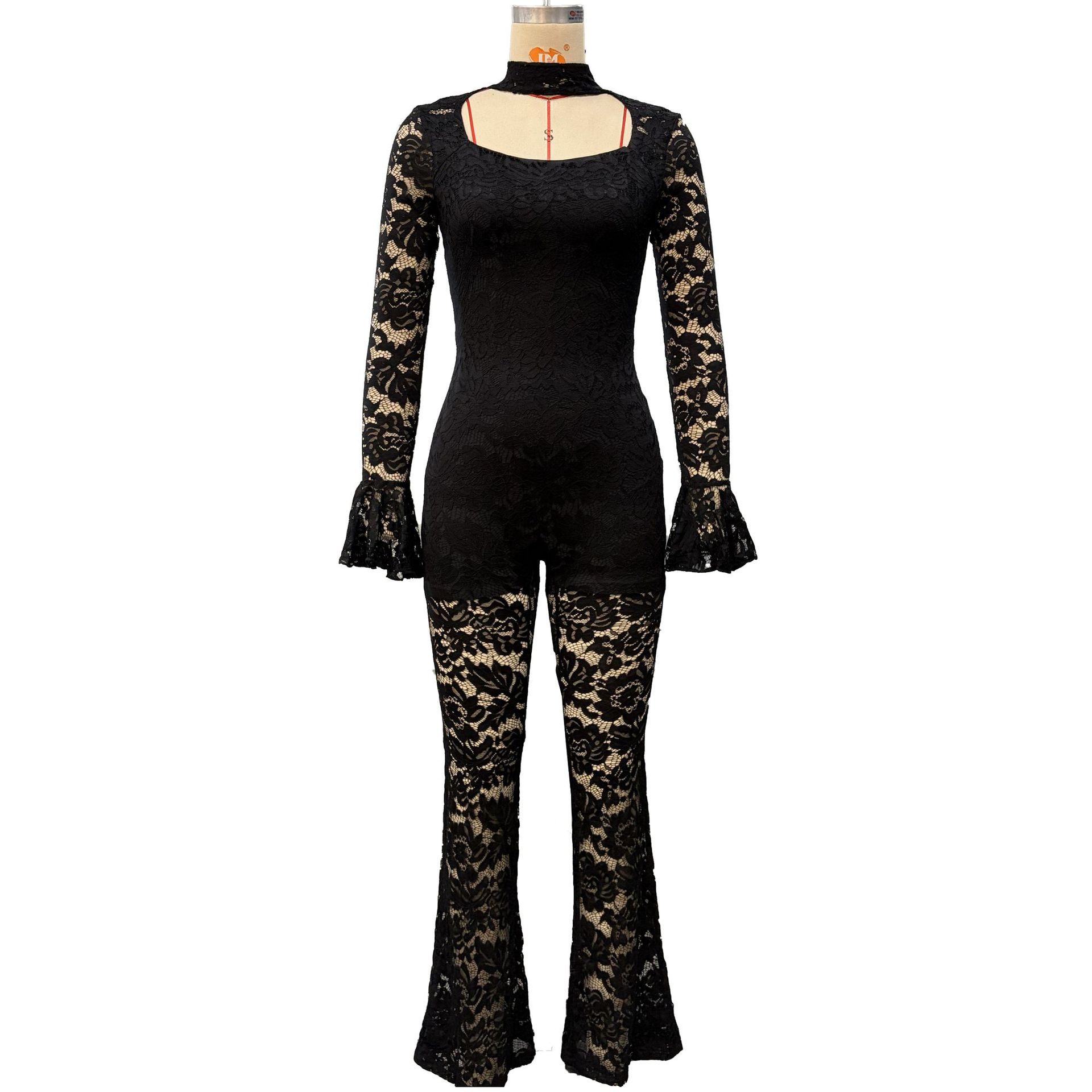 Comercio exterior otoño y invierno nuevo estilo de ropa de mujer europea y americana color sólido sexy cuerno hueco manga larga cintura delgada encaje jacket mujer