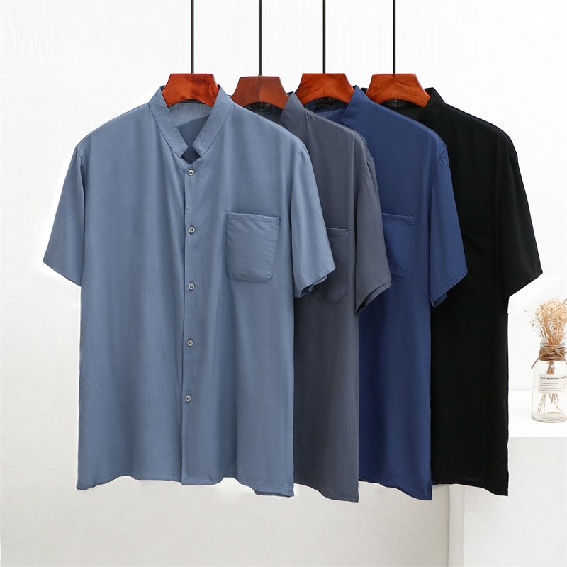 Cotton Silk Middle-aged and Elderly Men's Short-sleeved Stand Collar Shirt Morning Exercise Shirt Summer Thin Dad's Artificial Cotton Top Cardigan