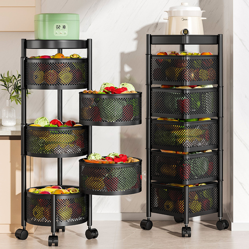 Kitchen rotating multi-functional storage rack home floor multi-layer snack small trolley fruit and vegetable basket storage rack