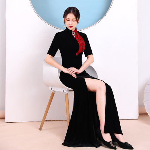 Catwalk pleuche qipao dress Women Chinese dress Oriental Retro Qipao Cheongsam model show miss etiquette dress black cheongsam female fashion