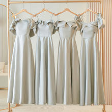 灰色缎面伴娘服女2025新款秋季小众高级感姐妹团婚礼礼服裙小个子