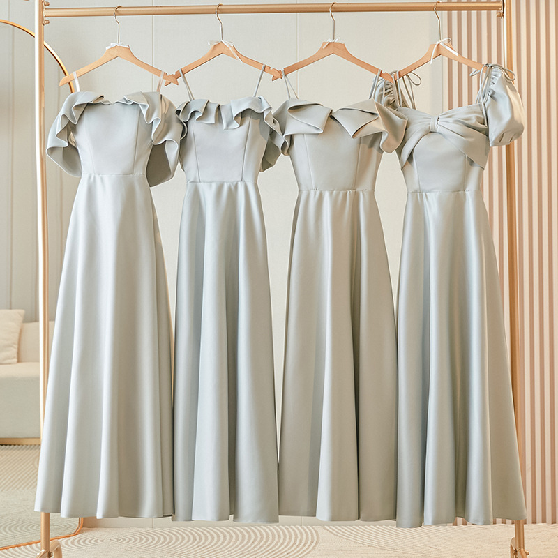 灰色缎面伴娘服女2025新款秋季小众高级感姐妹团婚礼礼服裙小个子