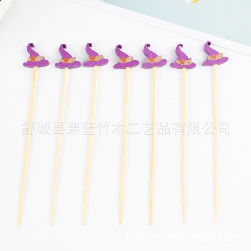 Creativo desechable gorra de bruja palillos de frutas palillos de dientes de dibujos animados palillos de frutas palillos de dientes artísticos palillos de bambú al por mayor