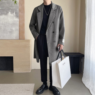 Coat Mid-Length Youth Autumn and Winter Jacket Men's Suit Collar Windbreaker Slim Woolen Outwear 2024 New Thick Style