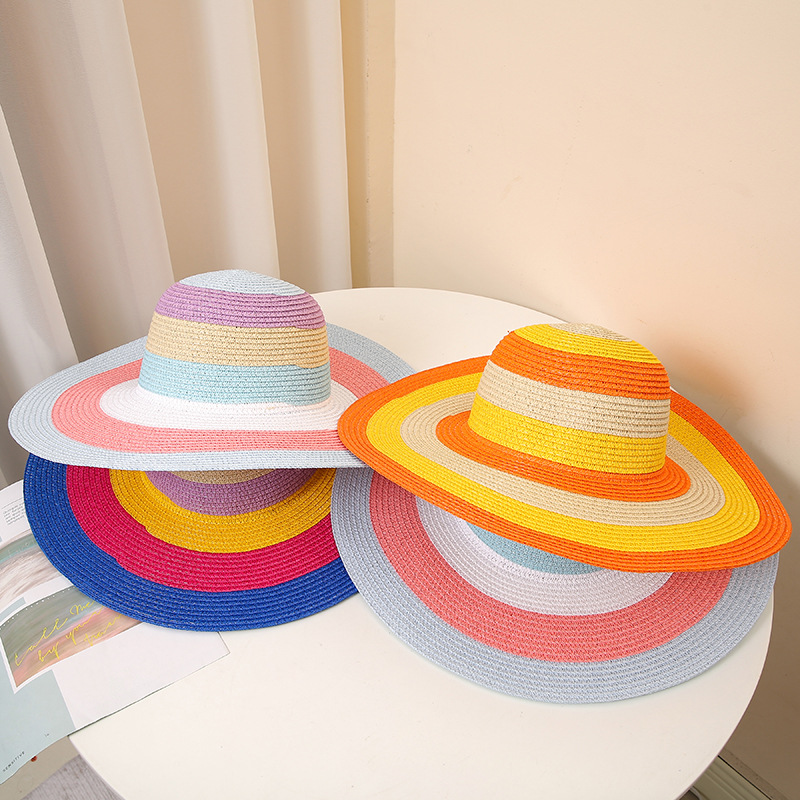 Cross-border new summer women's rainbow hat colorful elegant sun hat sun hat versatile straw hat European and American big brim hat