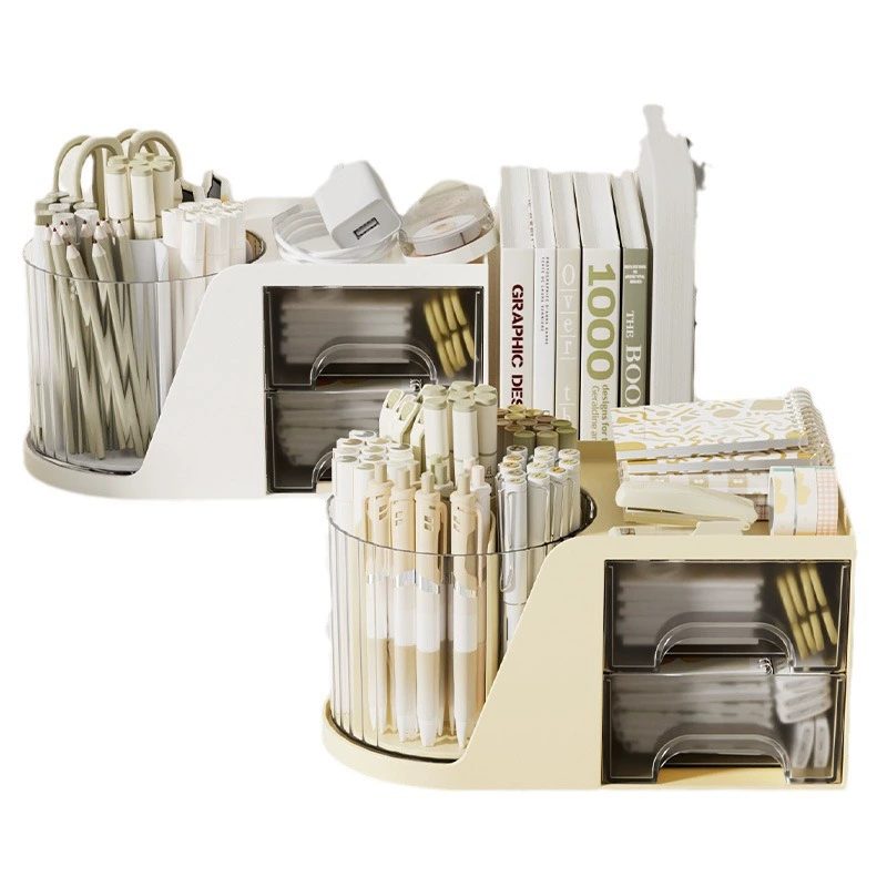 Rotating Cosmetic Organizer, Multi-Compartment Makeup Storage Box with Drawers and Brush Holder