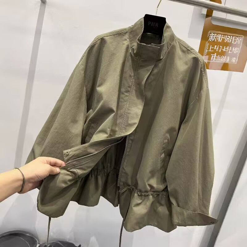 ng2510292 European Style 2026 Spring New Stand Collar Zipper Drawstring Fashionable Loose Casual Mid-Length Trench Coat Women's_ecoleips.com