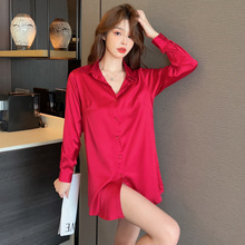 红色新款丝滑性感睡衣女夏季薄款真丝衬衫短袖睡裙男友风中长款