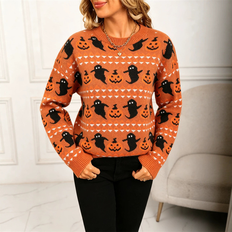 Cross-border European and American foreign trade women's clothing Halloween ghost pumpkin round-neck pullover personalized sweater knit top for women Cross-border European and American foreign trade women's clothing Halloween ghost pumpkin round-neck pullover personalized sweater knit top for women