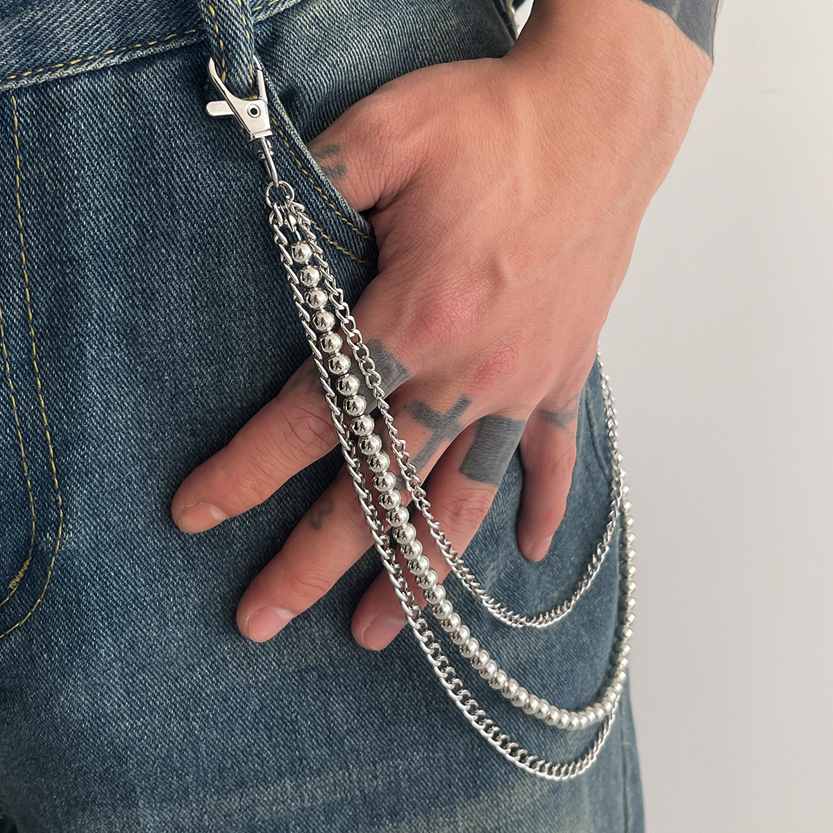 Hip-Hop-Hose mit runden Metallperlen, trendige Mode, vielseitige Jeans für Herren mit Taillenkette_voghion.com
