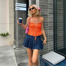 欧美跨境亚马逊女装2026夏季新款抽褶系结细肩带背心衬衫上衣定制