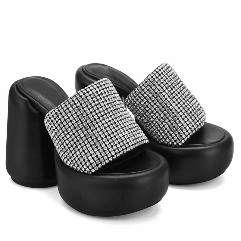 2026 European and American Foreign Trade Summer New Style Round-Toe Thick-Soled Waterproof Platform Chunky High-Heeled Rhinestone Fluffy One-Strap Slippers
