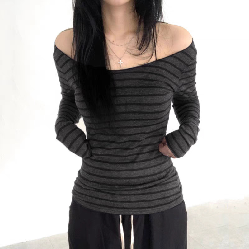 【1×1 Ribbed German Velvet 220G】Striped Off-Shoulder Versatile Lightweight Long-Sleeve Stylish T-Shirt Top 【1×1 Ribbed German Velvet 220G】Striped Off-Shoulder Versatile Lightweight Long-Sleeve Stylish T-Shirt Top