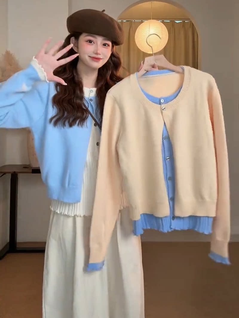 Korean-style layered aesthetic color-blocking faux two-piece lace knitted cardigan for women, gentle style, versatile and slimming sweater coat