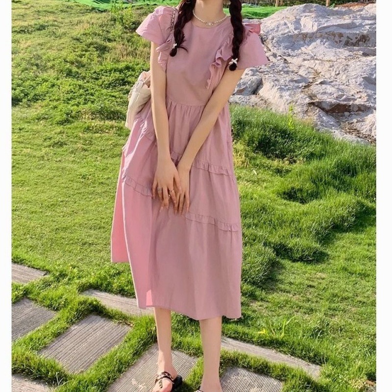 紫色连衣裙小飞袖女夏2023年新款桔梗法式温柔风清系荷叶边裙批发