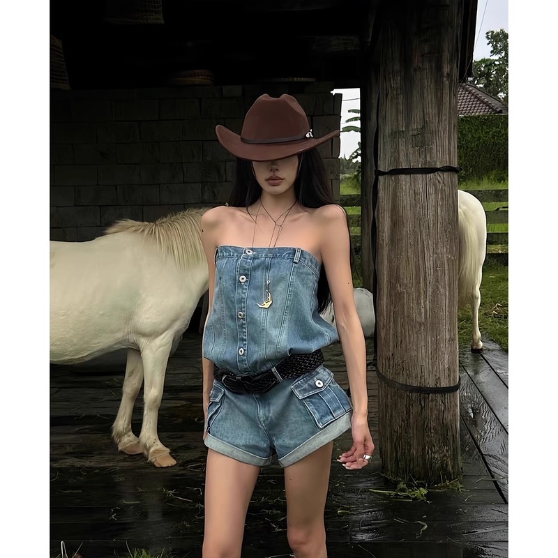 アメリカンレトロブルーデニムサスペンダーショーツ女性の夏の新しいストリートホットガールチューブトップジャンプスーツトップスーツ|undefined