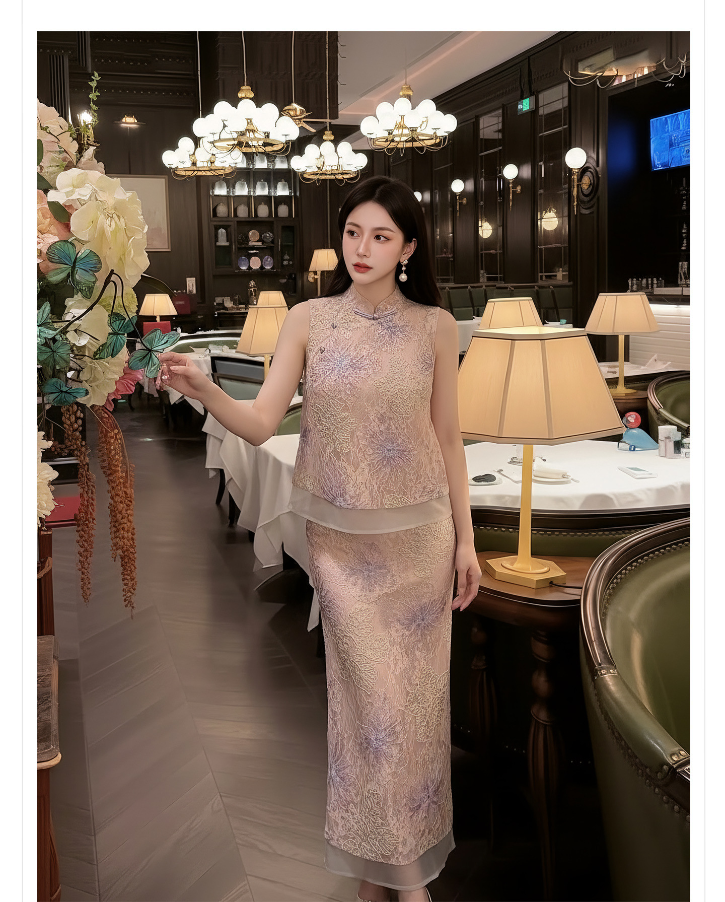 Set áo khoác gile + chân váy maxi Tân Trung Hoa thêu hoa, tay phối ren, eo thắt dây — nửa váy, Trang chủ chi tiết 5