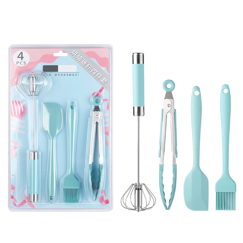 Beginner home baking tool four-piece set semi-automatic whisk food clip integrated silicone spatula scrubber