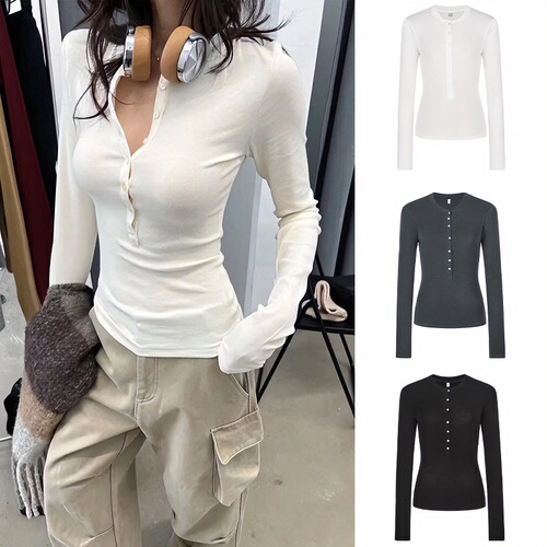 Moses Queen Semi-Open Collar Slim Fit T-shirt Women's Autumn/Winter Long Sleeve Top Reveals Bust Large Base Shirt