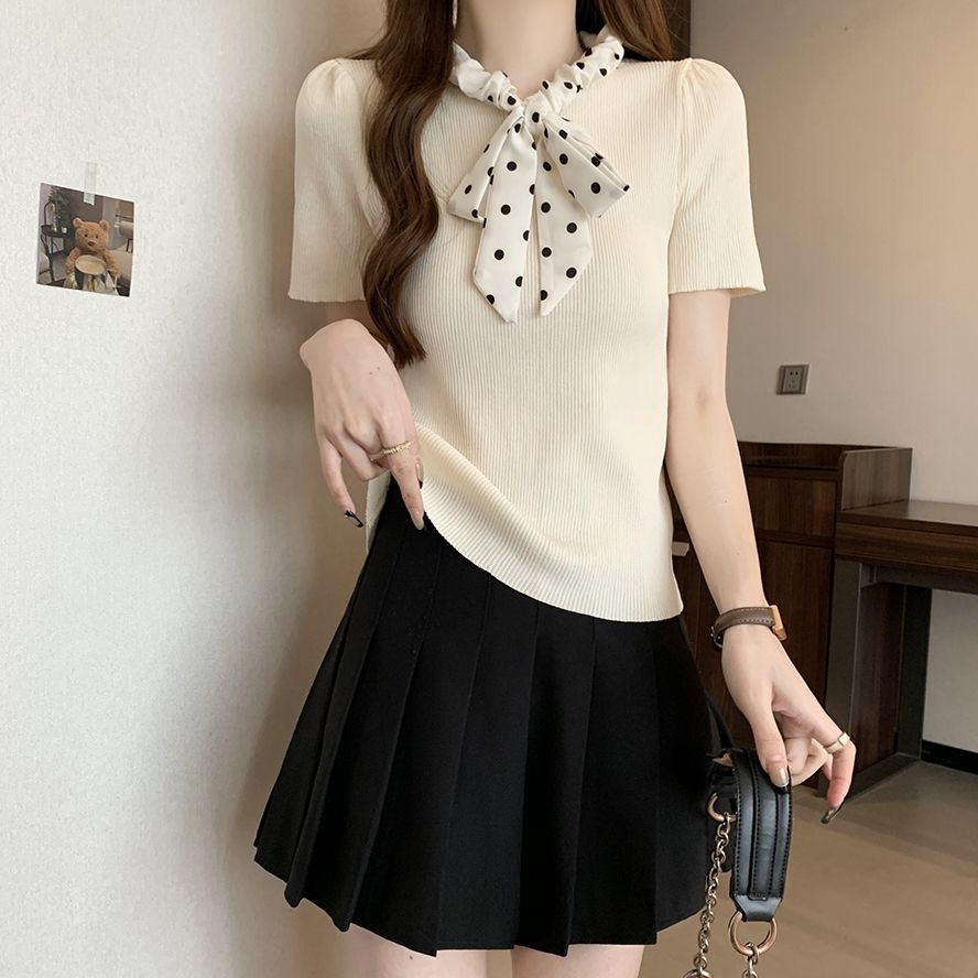 2024 neuer Sommer süßer Polka Dot-Pullover mit Kordelzug, kurzärmeliges Eisseide-Bauchbedeckung, kleines duftendes Streifenoberteil für_voghion.com