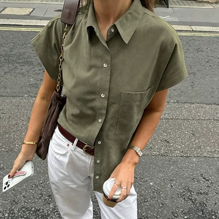 欧美复古绿色慵懒时尚女式衬衫2026春夏新款跨境个性无袖衬衣女装
