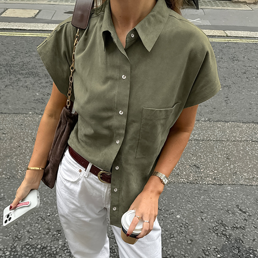 欧美复古绿色慵懒时尚女式衬衫2025春夏新款跨境个性无袖衬衣女装