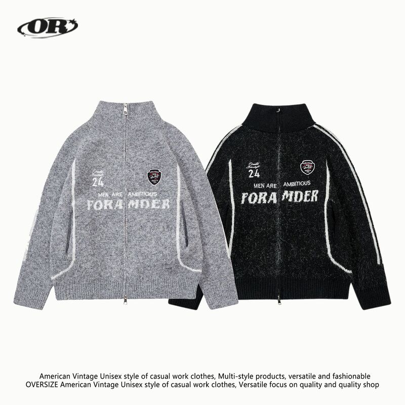 Oreeta Baseball Style Wool Sweater Jacket for Men and Women Unisex Bf Style Loose Zipper Lazy Knitted Cardigan