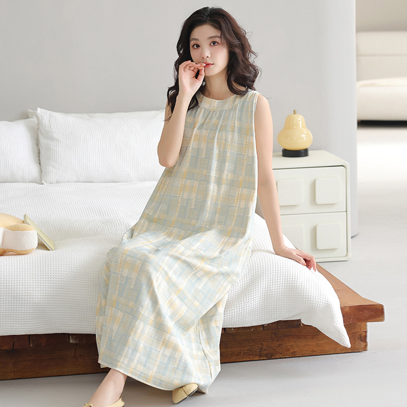Sleeveless Round Neck Sweet Pure Cotton Pajamas Women's Summer Long Skirt Casual Sexy Style Age-Reducing Plaid Dress Home Wear