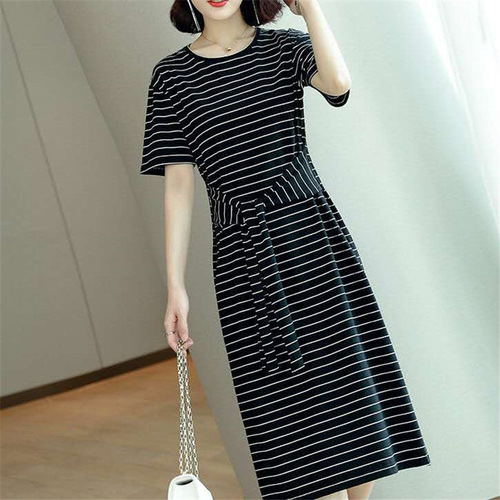 Summer 2025 New Elegant Striped Dress for Women, Medium Long Length, Strap Over-the-Knee, Ins Fashionable and Slimming T-shirt Skirt
