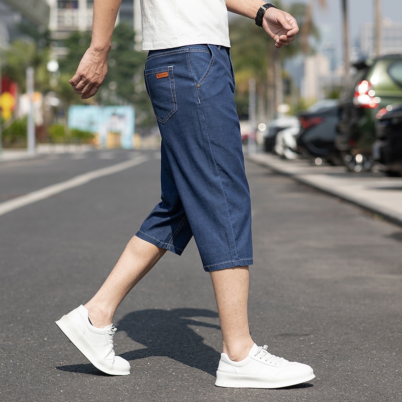 2025 New Three-Quarter Tencel Ultra-Thin Loose Straight Denim Men's Jeans Light Blue Blue Blue Gray Ready Stock