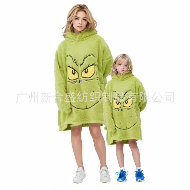 亚马逊舒棉绒格林奇服装新款圣诞懒人睡衣格林奇卡通连帽绿毛怪