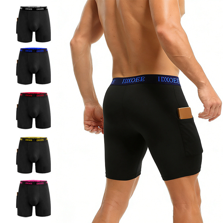 Men's Extended Leg Anti-Chafing Boxer Briefs with Pockets for Running and Sports, Large Size Shorts for Cross-Border Trade Men's Extended Leg Anti-Chafing Boxer Briefs with Pockets for Running and Sports, Large Size Shorts for Cross-Border Trade
