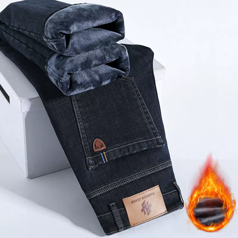 2025秋冬新款加绒牛仔裤男士直筒宽松大码弹力商务加厚保暖休闲裤