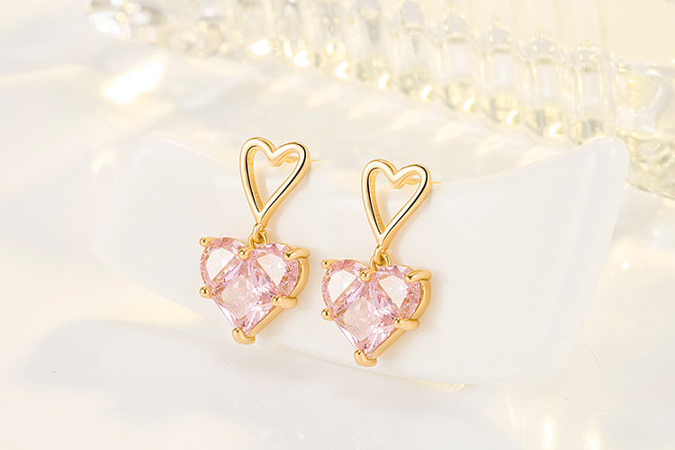 Sweet Heart Shape Copper Gold Plated Zircon Drop Earrings 1 Pair